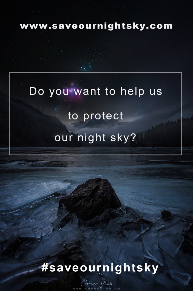 saveournightsky projekt im vordergrund und eislandschaft mit nachthimmel im hintergrund